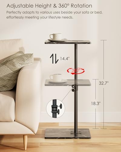 Masupu Sofa Arm Tray Table - 360° Swivel Height Adjustable End Table, Small Snack Side Table for Couch, C Shaped Table for Bed, Chair or TV Tray Table(Marble Black) - Image 2