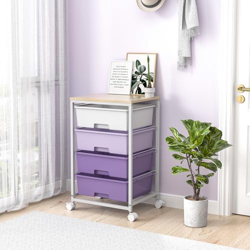 Utility Cart with 4 Drawers, Rolling Storage Cart with Drawers, Purple - Image 2