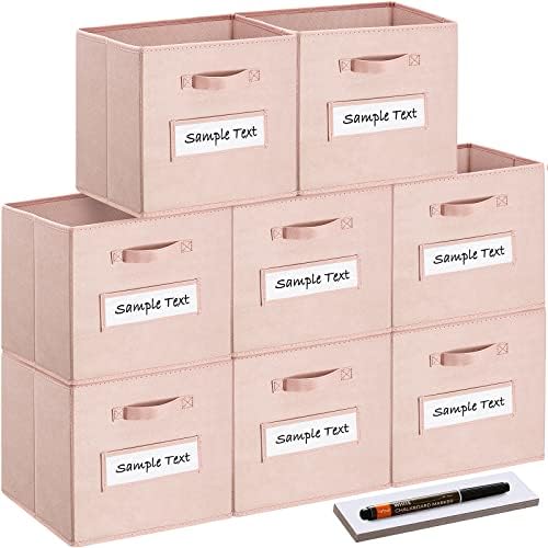 13x13x13 storage cube bins(Set of 8) Fabric storage cubes with 8 Labels Window Cards & a Pen, storage cubes 13x13, Collapsible 13 inch cube storage bins, Cubby Boxes, Pink by Artsdi