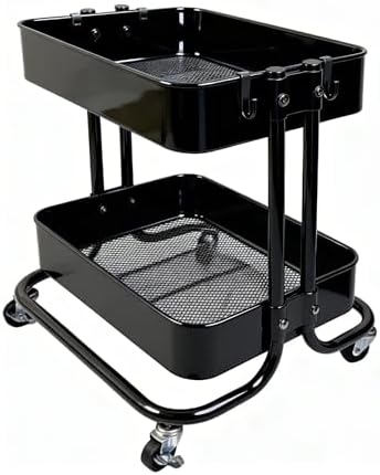 2 Tier Cart with Wheels Heavy Duty Metal Rolling Storage Cart for Under Desk Storage, Short Small Utility Shelf for Pantry Kitchen Bathroom Laundry, Home Organizer with Large Basket, Black by LIWNYRK