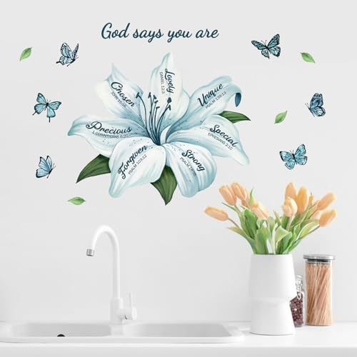 Yovkky Lily Flower Religious Inspirational Quote Wall Decals Stickers | Motivational God Says You are Teal Floral Butterfly Home Bedroom Decor, Positive Living Room Kitchen Decorations Art - Image 6