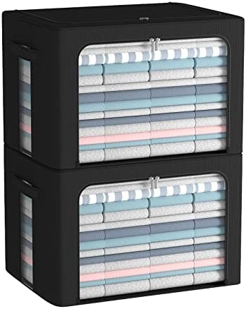 CYhom Clothes Storage Bins Box - Linen Fabric Foldable Stackable Container Organizer Set with Clear Window & Carry Handles & Metal Frame (Black, Large-66L) by CYhom