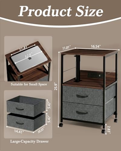 Faesun Swivel Lift Top Nightstand with Charging Station, Rolling Side Table for Recliner, Bedside Table with Wheels & 2 Fabric Drawers, for Small Spaces, for Bedroom, Living Room, Walnut Gray - Image 2