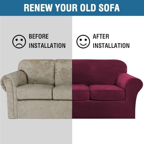 H.VERSAILTEX High Stretch Sofa Slipcover 4 Piece Cover Velvet Furniture Protector Form Fit Thick Velvet Extra Large Sofa Cover for 3 Cushion Couch Width Up to 97 Inch (Large Sofa, Wine/Burgundy) - Image 7