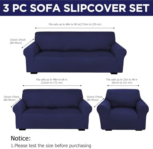 Peryiter 3 Pcs Couch and Loveseat Sofa Covers,Navy Blue,Milk Silk - Image 2