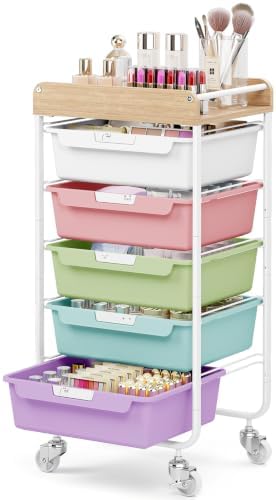 SYKIARIOL Utility Cart with 5 Labeling Drawers and Wooden Tabletop by SYKIARIOL