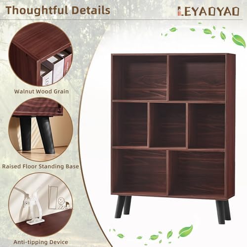 LEYAOYAO Cube Bookshelf, Mid-Century Modern Book Shelf with Legs, Walnut - Image 5