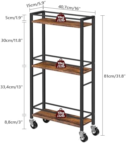 MAHANCRIS Slim Rolling Cart, Mobile Kitchen Cart on Wheels, Narrow Storage Cart for Small Space, Small Bar Cart, for Bathroom, Laundry, Living Room, Rustic Brown RCHR1501Z - Image 3