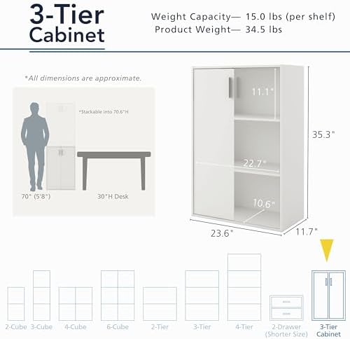Homes: Inside + Out Apexa 3-Tier Stackable Wood Bookcase with Doors, Cube Storage Organizer Shelves, Small Food Pantry Cabinet, Dorm Teen Room Decor & Bedroom, Home Office, Kitchen, Black - Image 3