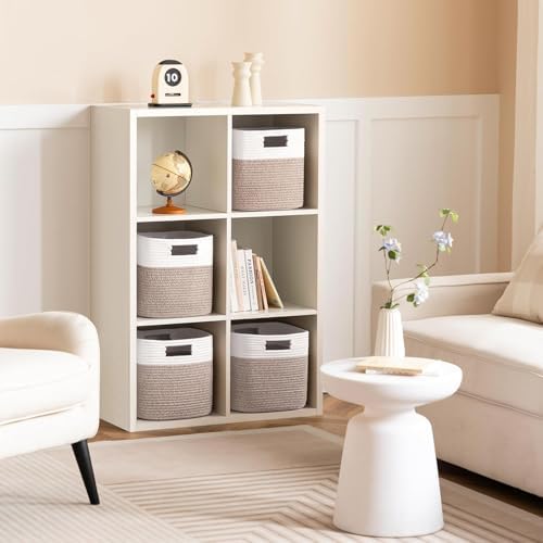 Dreamcountry 11 Inch Cube Storage Bins, Storage Cubes with Handles, 4 Pack Cotton Rope Basket for Shelves, Cube Storage Organizer forToys, Book, Clothes, Home, Office, Nursery, White/Brown - Image 5