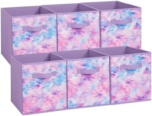 Stero Fabric Storage Cubes, 6 Pack Foldable Storage Bins with Handle, 11 Inch Box for Shelves, Closet, Organizer, Tie-dye Purple by Stero