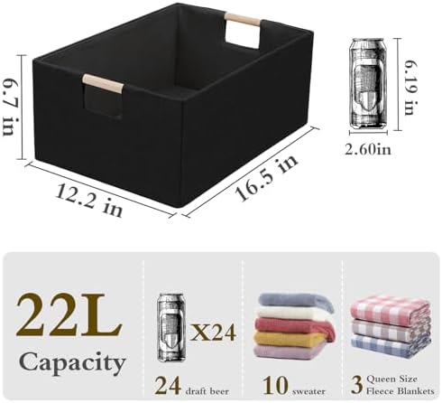 Foldable Fabric Storage Cubes, Cloth Storage Baskets with Wooden Handles, Shelf Closet Organizer Bins, Rectangular Linen Storage Boxes for Decor, 16.5 x 12.2 x 6.7 Inches - Image 3