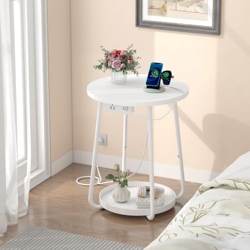 sthmec Small Round Side End Table with Storage and Charging Station, 2 Tier Round Bedside Sofa Couch Coffee Tables with Tray, Metal Nightstand for Small Spaces, Living Room Bedroom, White - Image 6
