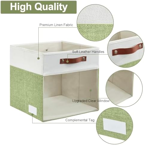 Bagnizer Storage Cubes, 4 Pack Linen Foldable Storage Bins (13 x 13 inch) with Clear Window and Handles, Fabric Organizer for Shelf Closet, Clothes, Books - (Green and White) - Image 4