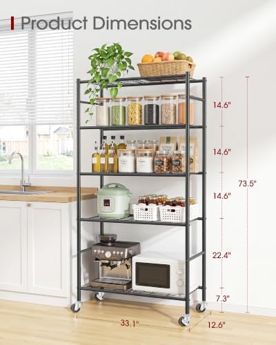 Sakugi 5-Tier Storage Shelves 33.1" x12.6" x73.5" Black with Wheels - Image 3