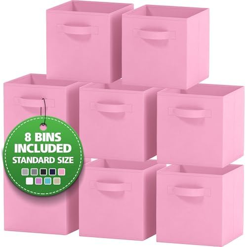 Storage Cubes - 11 Inch Cube Storage Bins (Set of 8). Fabric Cubby Organizer Baskets with Dual Handles | Foldable Closet Shelf Organization Boxes (Light Pink) by Royexe+Home