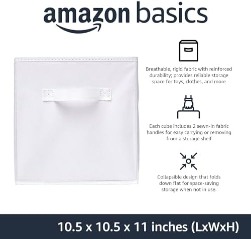 Amazon Basics Collapsible Fabric Storage Cubes Organizer with Handles, Sturdy Storage Bins, White, 10.5-x-10.5-x-11-inch, 6-Pack - Image 2
