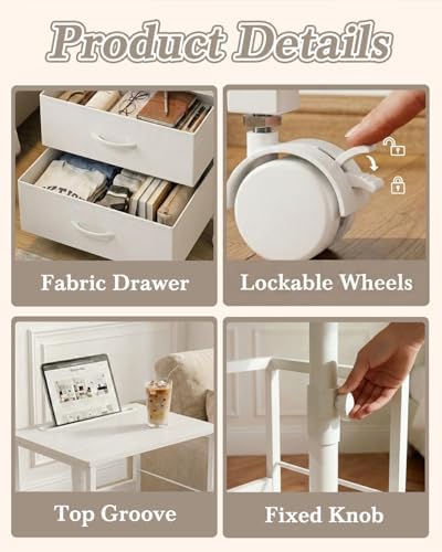 Faesun Swivel Lift Top Nightstand with Charging Station, Rolling Side Table for Recliner, Bedside Table with Wheels & 2 Fabric Drawers, for Small Spaces, for Bedroom, Living Room, White - Image 6
