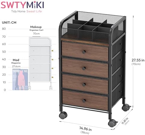 SWTYMIKI Rolling Makeup Organizer Cart - 14.96″*11.81″*27.55″ Widened Under Desk Vanity Storage with 4 Non-woven Drawers, Cosmetic Display Cases for Skin Care Perfume Nail Polish Brush Hair Tool Black - Image 2