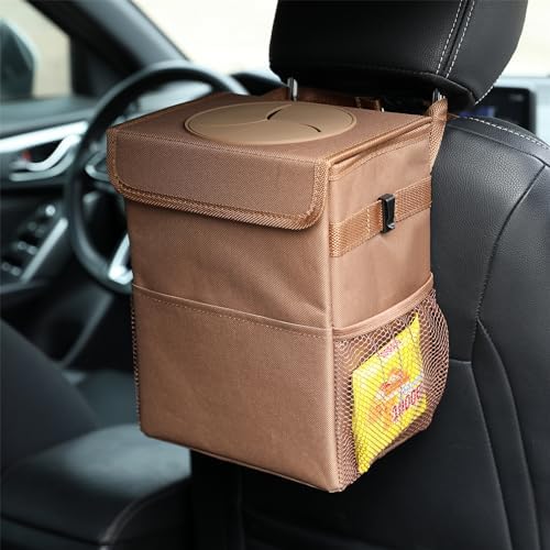 AOKJOY Car Garbage can with lid Leak Proof Vehicle Trash Can 3 Storage Pockets Hanging Waterproof car Trash Bag for SUV Brown - Image 3