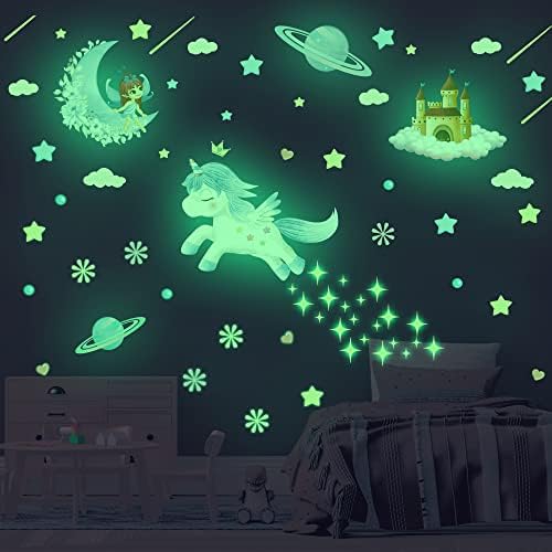 Glow in The Dark Fairy Unicorn Wall Decal Sticker, Girl Bedroom Star Rainbow Castle Princess Wallpaper Decoration, Glowing Moon Ceiling Decor by Robmoda