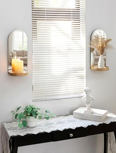 Arch Mirror Wall Candle Holder Set of 2 with Natural Wood Shelf - Image 4