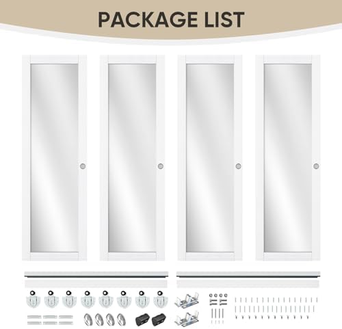 JUBEST 96" x 80" Mirror Closet Door, Preassembled One Side Mirror Door with Hardware Kit & Matching Fascia, Solid Wood Frame with Water-Proof PVC Surface, Easy to Install, White - Image 3