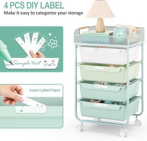 SYKIARIOL 4-Drawer Rolling Storage Cart with Mesh Top,Green - Image 4