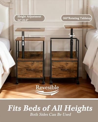 Faesun Swivel Lift Top Nightstand, Rolling Side Table for Recliner, Bedside Table with Wheels & a Fabric Drawer, for Small Spaces, for Bedroom, Living Room, Brown - Image 4