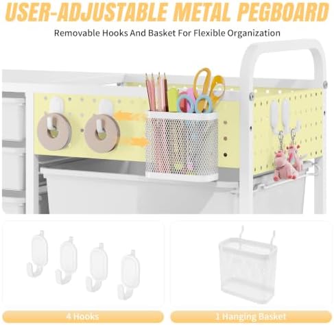 14 Drawer Rolling Storage Cart with Tabletop and Pegboard for Crafts White - Image 5