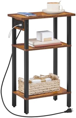 HOOBRO Narrow Side Table, 3-Tier Slim End Table with Charging Station, Skinny Nightstand with Open Storage, for Small Spaces, Living Room, Bedroom, Study, Rustic Brown and Black BF340UBZ01 - Image 4