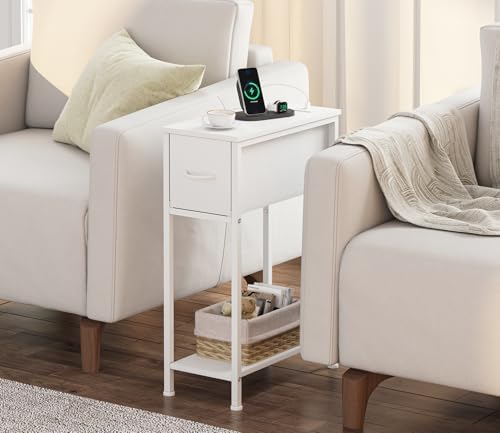 Vagusicc End Table Set of 2 with Charging Station, Narrow Side Table Nightstand with Fabric Drawer, Slim Nightstand for Bedroom, Small Bedside Table, Slim Sofa Side Table for Small Spaces, White - Image 4