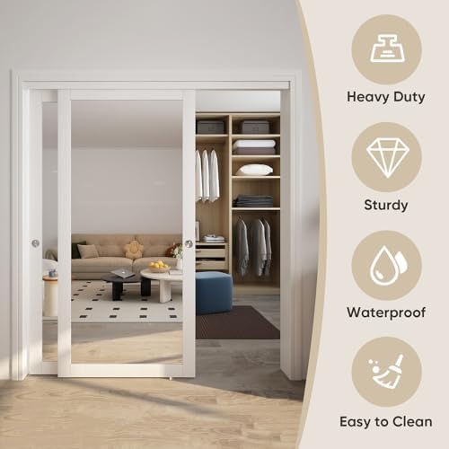 JUBEST 72" x 80" Mirror Closet Door, Preassembled One Side Mirror Door with Hardware Kit & Matching Fascia, Solid Wood Frame with Water-Proof PVC Surface, Easy to Install, White - Image 3