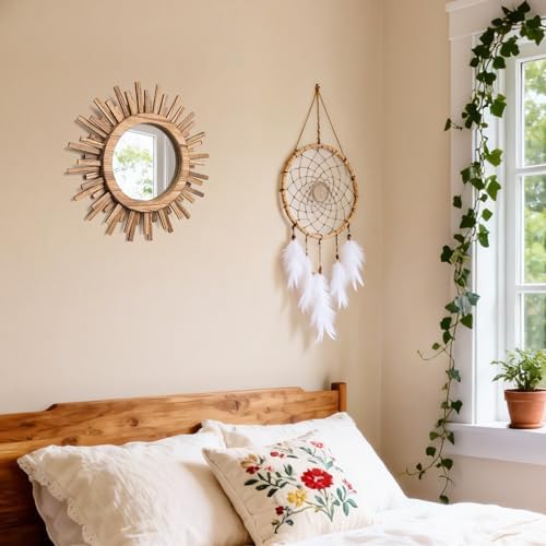 12 Inch Boho Sunburst Mirror, Round Wooden Wall Decor Starburst Sun Mirror for Bedroom, Living Room, Bathroom, Hallway, Balcony, Farmhouse Entryway, Housewarming Gift（Rustic Brown - Image 7