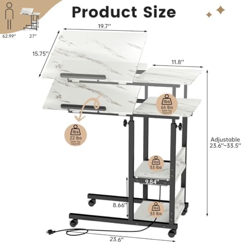 Hadulcet Adjustable C Table with Charging Station, Tiltable Desk C Shaped End Table for Couch, Over Bed Table with Wheels Adjustable Height, Hospital Table Laptop Stand Drawing Desk, Marble White - Image 2