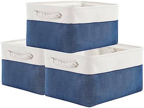 TheWarmHome Storage Basket for Organizing - Medium 3 Pack 14x10x7 inch Fabric Storage Cubes for Shelves with Rope, Collapsible Storage Bin for Organizer Closet Cloth Gift Toy (White & Jean Blue) by TheWarmHome