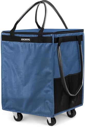 (Medium,Blue) Reusable Grocery Bag on Wheels, 70L Foldable Rolling Tote, Extra Storage for Shopping, Laundry & Moving, Zipper Clouser Shopping Carts for Camping, Moving, 4 Heavy Duty Wheels by EROBSKJ