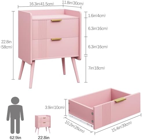 Aenuert Nightstand Modern Bedside Table with 2 Storage Drawer, Small Night Stand, Wooden Sofa Side Table for Bedroom,Study Room and Small Spaces (Pink) - Image 2