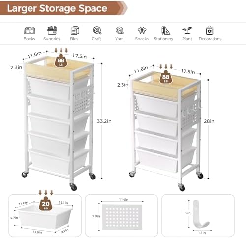 5 Tier Rolling Cart with Drawers, Plastic Drawer Storage Craft Cart with Pegboards & Hooks, Metal Utility Cart with Wheels & Wooden Tabletop, Classroom Office Art Supply Organizers and Storage, White - Image 3