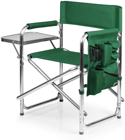 PICNIC TIME Sports Chair with Side Table and Armrest Caddy, Lightweight Aluminum Folding Outdoor Camping Chair for Adults, Portable Director Style Lawn Seating with Pockets & Strap, (Hunter Green) by PicnicTimeFamilyofBrands