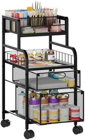 SWTYMIKI Rolling Cart with Drawers - Metal Craft Cart with Wheels, DIY Divider and Wood Shelf, Art Supply Organizer for Under Desk Storage, Utility Storage Cart for Home Office Studio, Black by SwtyMiki-TidyHomeSweetLife