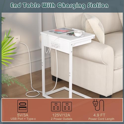 sthmec C Shaped End Table with Charging Station,45° Tiltable Adjustable Flip Top Side Table Set of 2,Small C Table Set 2 for Small Spaces,Slide Under Couch Sofa Bedside Table Living Room,White - Image 5