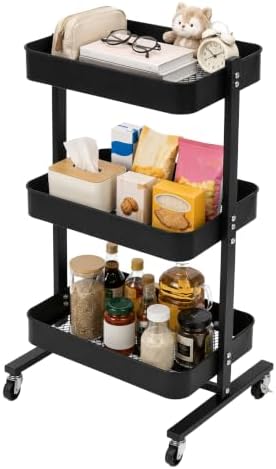 ZOES HOMEWARE 3 Tier Metal Rolling Cart by T-Frame Design on Wheels,Black by ZOESHOMEWARE