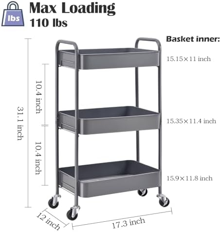 TOOLF 3 Tier Metal Rolling Cart, Utility Storage Cart with Wheels, Grey | Screwless Assembly, Lockable Metal Wheels, Trolley Organizer for Bathroom, Kitchen, Office, Dorm, Laundry, Craft Room - Image 2