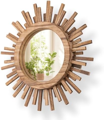 12 Inch Boho Sunburst Mirror, Round Wooden Wall Decor Starburst Sun Mirror for Bedroom, Living Room, Bathroom, Hallway, Balcony, Farmhouse Entryway, Housewarming Gift（Rustic Brown by Makelifemorewonderful