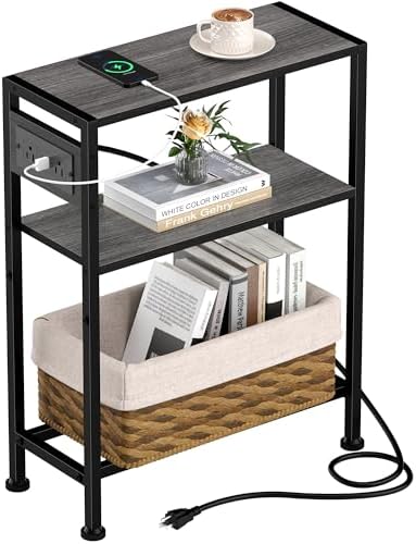 Small Narrow Side Table with Charging Station, Skinny End Table for Small Spaces, Slim Nightstand with Outlets, Sofa Bedside Table in Living Room, Bedroom, Study, Kitchen and Balcony(Grey) by HOME