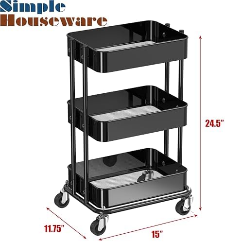 Simple Houseware 3-Tier Utility Cart, Low 24" Height Fits Under Desk, Black - Image 3