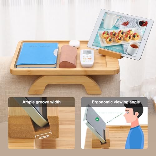 SINWANT Couch Arm Tray Table, Large Space 15.75"x 11.8" Bamboo Couch Armrest Table with 360° Rotating Phone Holder,Foldable Sofa Armrest Tray for Eating Snacks Drinks Remote Books - Image 2
