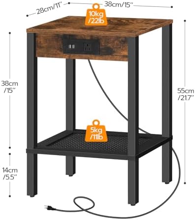 HOOBRO Side Table with Charging Station, End Table with USB Ports and Outlet, Small Nightstand with 2-Tier Storage Shelf, Faux Rattan Decoration, for Small Space, Rustic Brown and Black BF91UBZ01 - Image 3