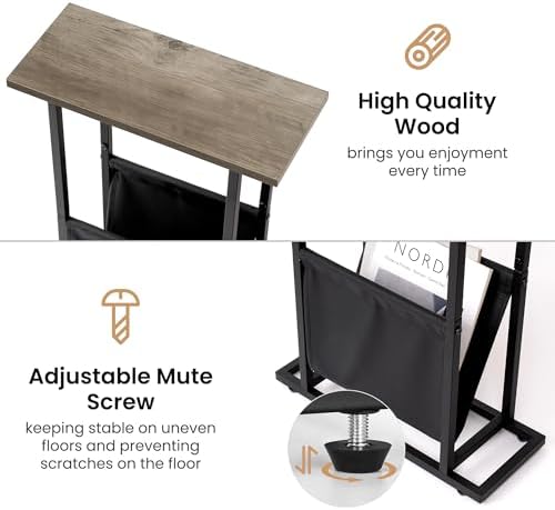 Acovy Narrow Side Table for Small Place,Metal Table with PU Leather Bag,Slim Nightstand for Reading Or Storage,Sofa Side Table for Living Room,Bedroom,Gery - Image 5